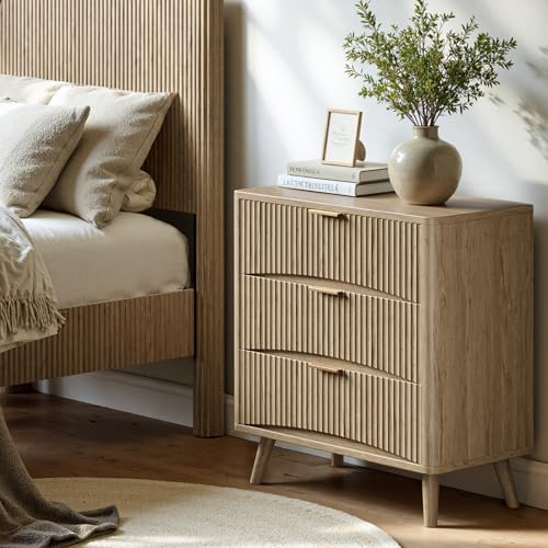 Image of Evermagin 31.5 inch W Large Fluted Nightstand with 3 Drawers | Mid Century Modern Bedside Table for Bedroom, Wide Side Tables Living Room, Oak