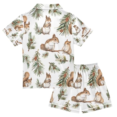 senya Squirrels on Nut Branches Satin Summer Pajama Sets Silk Short Sleeve Button Down Sleepwear2