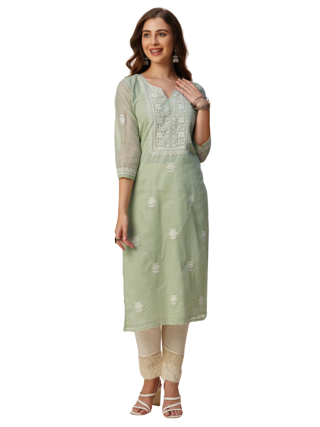 Muga Cotton Straight Lucknowi Chikankari Ethnic Wear Kurta for Women-image-38