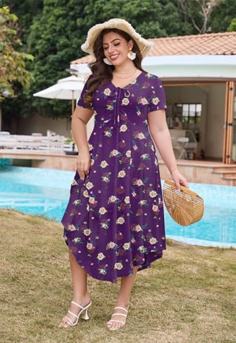 Image of Keluummi Plus Size Maxi Dress for Women V-Neck Short Sleeve with Pockets