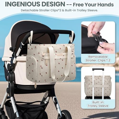 Image of Pritent Large Travel Diaper Bag Tote with 14 Inch Laptop Sleeve, Breast Pump Bag for Mom and Dad, Mommy Maternity Travel Baby Bag for Boys and Girls, Strawberry
