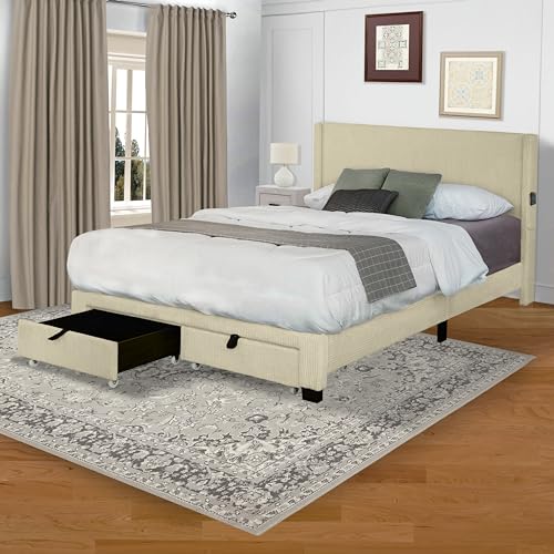 Beige & White Corduroy Velvet Queen Bed with Storage