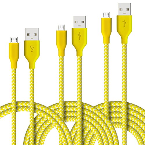 Fasgear Micro USB Cables, 3 Pack-3ft,6ft,10ft Quick Charge USB 2.0 to Micro USB Charger Braided Compatible for Galaxy S7 Edge S6 S5, HTC, LG, Android Smartphone, Xbox, Fire Kindle and More (Yellow)