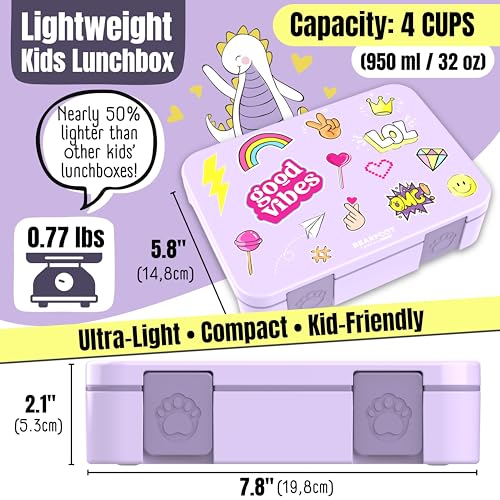 Image of BEARFOOT Kids Lunch Box with Compartments - Compact & Lightweight | Leak-Proof, BPA-Free, Dishwasher Safe | Hand-Drawn Design for Preschool, School, Travel (Sticker Purple, 4 Cups)