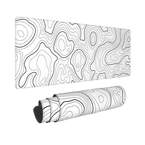 White Topographic Contour Gaming Mouse Pad 31.5 X 11.8 Inch XL Geographic Map Lines Print Big Mousepad Extended Large Laptop Keyboard Mouse Mat Non-Slip Rubber Base with Stitched Edges for Home Office