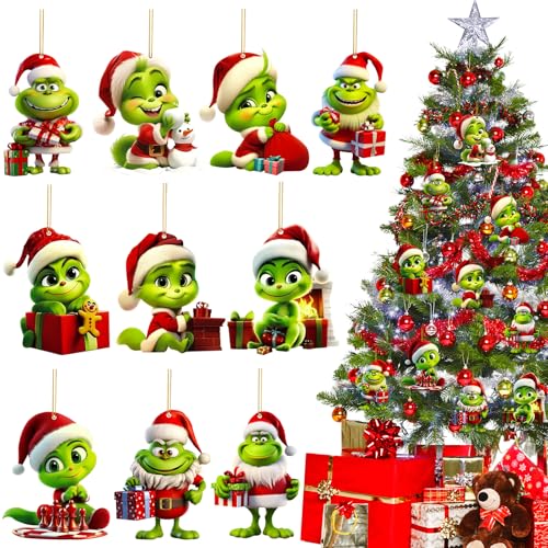 KDISHKRA 10 Piezas G-rinch Navidad Decoracion, Grinch Colgantes Navideñas de Acrílico Verd, Adornos Navidad, G-rinch Adornos Arbol de Navidad para el hogar Fiesta Regalo Festivales (2D)