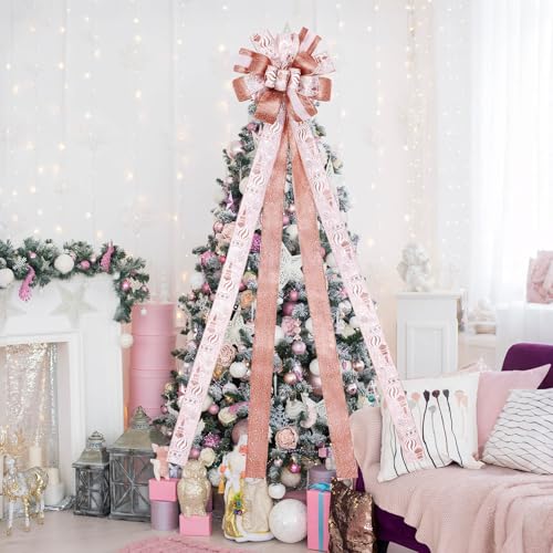Dayker Christmas Tree Topper Bow, 51x13 Inches Large Champagne Pink Christmas Wreath Bows, Xmas Ribbon Ornaments with Wired Edge, Long Streamer Decor for Home Birthday Wedding Wall Backdrop Party