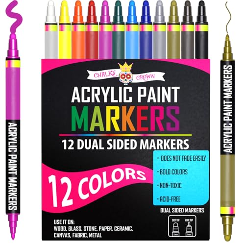 Acrylic Paint Markers Dual Tip (12 Pack) - Acrylic Markers Paint Pens for Rocks - Bold Acrylic Paint Pens Fine Tip and Dot Tip - Fabric Makers Permanent for Clothes Water Based Markers - Chalky Crown