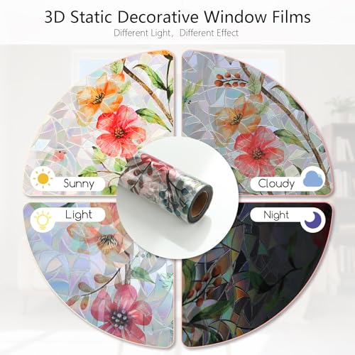 Image of LEMON CLOUD Window Privacy Film with Static Cling & 3D Rainbow Effect, Floral Stained Glass Pattern for Home Decor, Heat and UV Blocking, Non-Adhesive, 23.6 x 78.7 Inch