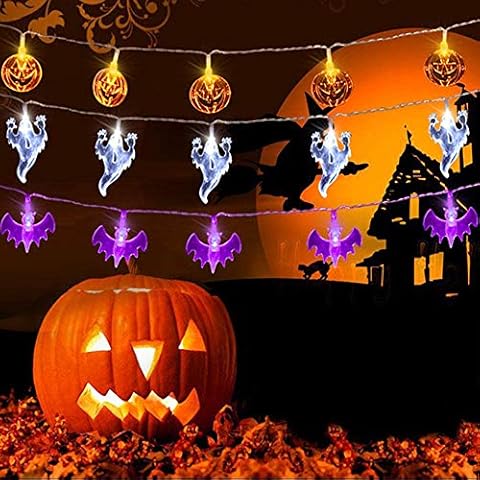 Evance Set of 3 Halloween Led Fairy Lights, 10 Feet 20 LEDs String Lights Battery Operated Orange Pumpkins, Purple Bats, White Ghosts for Halloween Decorations Outdoor & Indoor (3 Pack) Cover