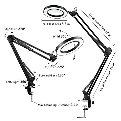 LANCOSC Magnifying Glass Desk Lamp with Clamp - White/Warm White Lighted 5-Diopter Magnifier Lens - Adjustable Metal Swivel Arm LED Light for Reading, Crafts, Professional Tasks (Black) - Thumbnail 3
