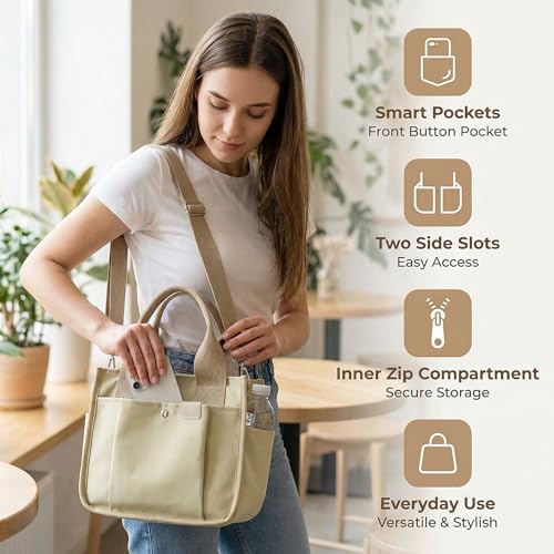 Image of Small Canvas Tote Bag with Zipper, Canvas Multi-Pocket Crossbody Bag Purse Top Handle Satchel Handbags