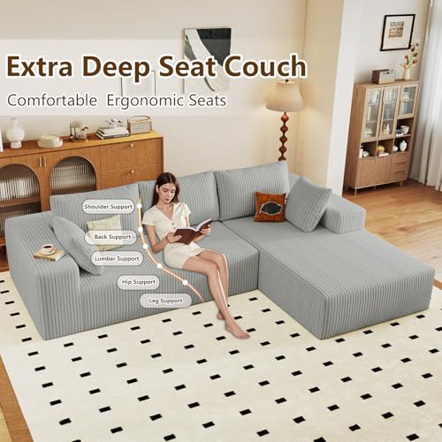 Image of 96 inch Modular Sectional Couch, Boneless L Shaped Cloud Sofa with Chaise Lounge, Corduroy Upholstered Couches Memory Foam Deep Seat, No Assembly Required, Ideal for Living Room(Light Gray, Right Facing)