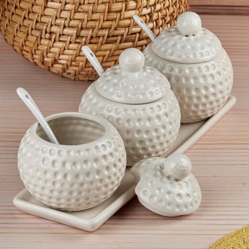 Image of SASASA Ceramic Condiments Container Set 2 with Lid & Spoon | Spice Jars for Kitchen, Sugar Bowl, Pickle Pot & Seasoning Storage Organizer | Condiment Jar Set for Home & Dining, White (10681)