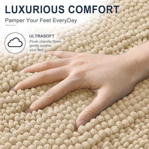 Image of Smiry Thick Chenille Large Bathroom Rugs 40x24, Extra Soft Absorbent Striped Bath Mat, Machine Washable, Rubber Backing, Bath Rugs for Bathroom, Tub & Shower, Home Decor Accessories, Beige