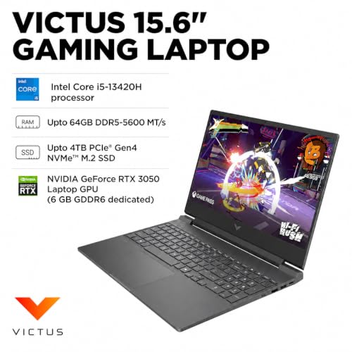 Image of HP Victus 15.6 inch Gaming Laptop, Intel Core i5-13420H, NVIDIA GeForce RTX3050 6GB GPU, FHD 144Hz IPS, 16GB DDR4 RAM, 1TB SSD, HDMI, USB-C, RJ-45, Wi-Fi 6, Backlit Keyboard, Windows 11, Mica Silver
