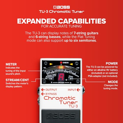 Image of BOSS TU-3 Compact Chromatic Tuner | Perfect for Guitar & Bass | Industry-Standard Performance | Tank-Tough BOSS Stompbox Body | 21-Segment LED Meter | Accu-Pitch Sign Function | 21-Segment LED with High-Brightness, Guitar and Bass Modes, Accu-Pitch Verification, Mute, DC Out, 9V and Psa Power