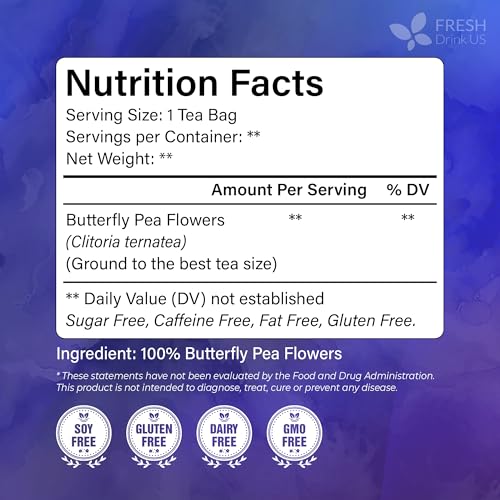 Image of FreshDrinkUS, Premium 100 Blue Butterfly Pea Flowers Tea Bags, 100% Natural and Pure from Butterfly Pea Flowers, Made With Natural Material Tea Bag, No Sugar, No Caffeine, No Gluten, Vegan