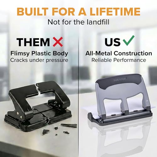 Image of Bostitch EZ Squeeze 3 Hole Paper Punch, 40 Sheet Capacity, Heavy Duty Metal Office Hole Puncher with Chip Tray, Non-Slip Base & Paper Guide, 9 /32 inch Holes for Binders, School & Home Office