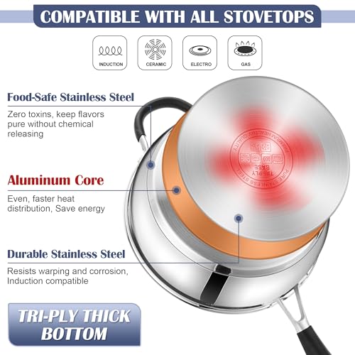 Image of E-far Stainless Steel Cookware Set - Induction Tri-Ply Base Pots and Pans, 10-Piece Non-Toxic Kitchen Cooking Set w /Stay-Cool Handle, Frying Pans, Saucepans, Stockpot with lid, Oven & Dishwasher Safe