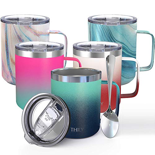 Stainless Steel Insulated Travel Mug - THILY 12 oz Vacuum Insulated Coffee Cup with Handle Spill-proof Lid Keep Coffee Cold or Hot Ombre Green Navy