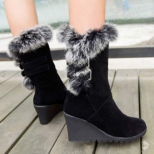 MIOKE Women's Winter Fur Wedge Snow Boots Mid Wide Calf Waterproof Buckle Slip On Platform Warm Snow Boot3
