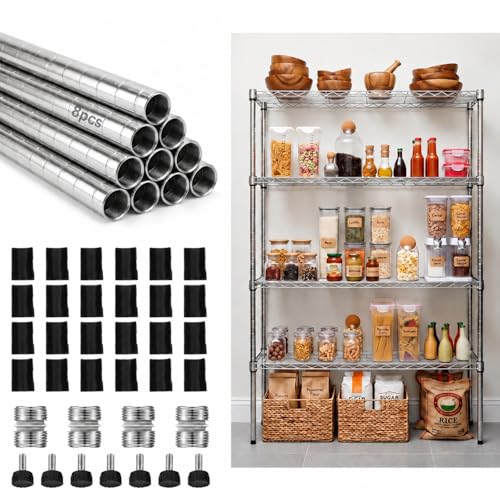 Thyle 4 Pack 23.6 Inch Wire Shelving Posts 8 Heavy Duty Chrome Pole Sections with 50 Shelf Clips 1-Inch Replacement Poles for Commercial Wire Shelving Racks Silver