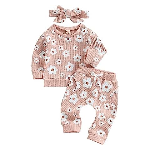 SHIBAOZI Newborn Infant Baby Girl Spring Waffle Outfits Toddler Clothes Long Sleeve Sweatshirt Headband Pants Suit (Pink, 6-12 Months) Cover