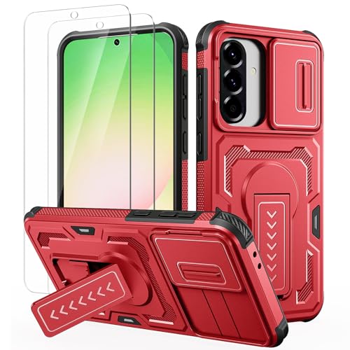 Lanhiem Funda para Samsung Galaxy A56 5G/A37 5G/A36 5G, con 2 Cristal Vidrio Templado, Carcasa Cubierta De Cámara Deslizante con Soporte, Grado Militar Antigolpes Case para Samsung A56/A37/A36, Rojo