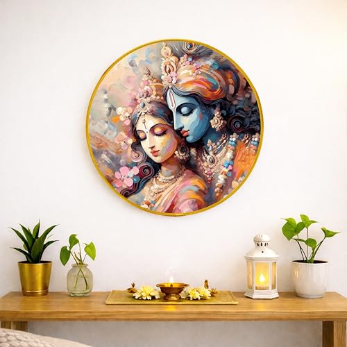 Image of Radha Krishna Round Wall Art Painting With Frame For Living Room | Vastu Love & Harmony Decor Framed Painting | Artistic Round Wall Hanging for Living Room, Bedroom & Gifting, 16 Inch