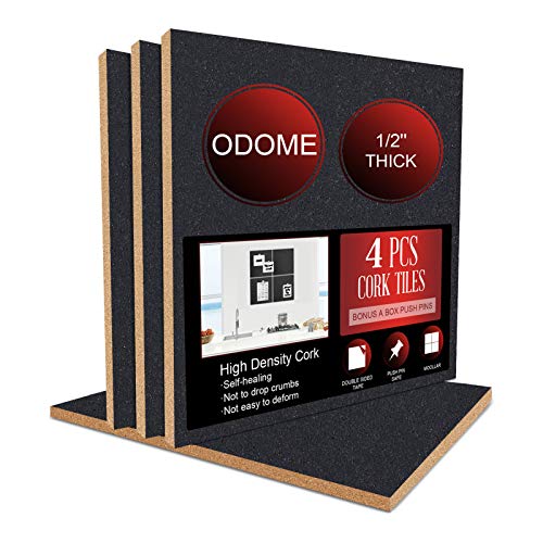 ODOME Cork Board Tiles Self Adhesive 4 Pack(Black) 12â€X 12â€ â€“ 1/2â€ Thick Cork Board â€“ Bulletin Board - Memo Boards Pin Board - Cork Boards for Walls for Office Home Kitchen with 50 Push Pins