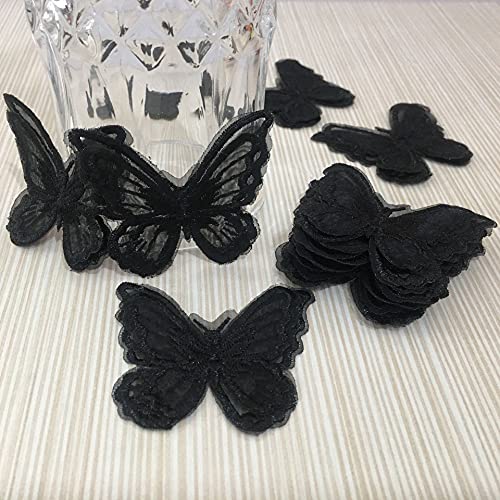 Fqtanju 15Pcs Butterfly Lace Trim, Double Layers Organza Butterfly Decor Applique Patches Embroidery Sewing Lace Fabric For Diy Craft Costume Headpieces Garters Wedding Decoration (Black) #TOP3
