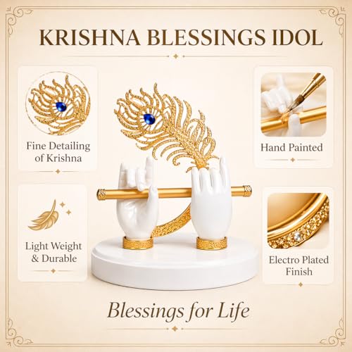 Image of CraftVatika Goldplated Krishna Hand with Flute Idol Peacock Feather Mor Pankh Showpiece,Housewarming Gift, Birthday Wedding Anniversary Janmashtami Gift,Home Decor Decoration Items for Living Room