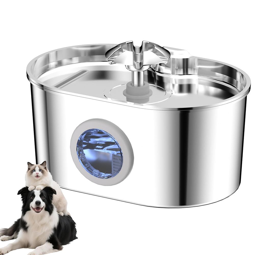 WSGDSG 2.2L Stainless Steel Pet Water Bowl Dispenser with Visible Window, Quiet Water Fountain for Cats and Dogs, 4 Stage Filtration System(Color:E)