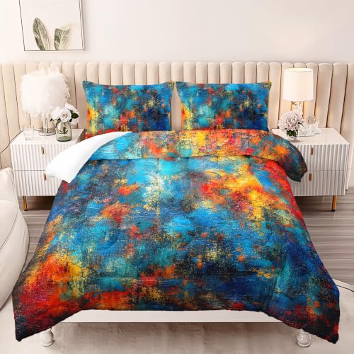 Image of AILONEN Abstract Spectrum Full Comforter Set, Turquoise Orange Artwork Bedroom Ensemble, 3 Piece Microfiber Down Alternative Fill for Adults Apartment Residents