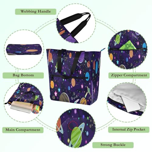 Cartoon Planet Book Tote Bag,Large Capacity Handbag with Zipper Perfect for School,Travel,Shopping3