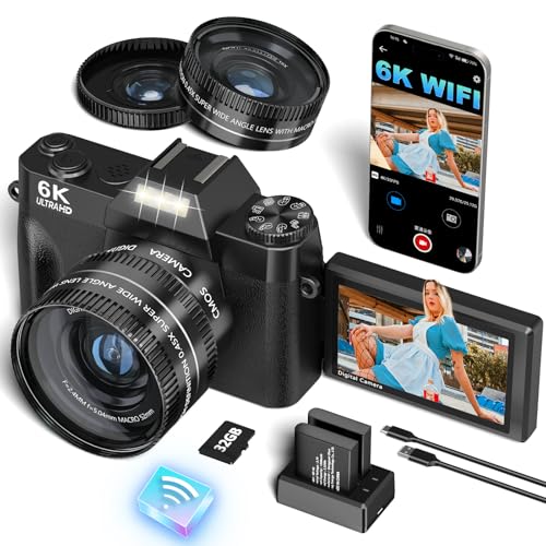 Image of VJIANGER 2025 Upgrade 6K Digital Camera for Photography 64MP Vlogging Camera for YouTube with WiFi, 180Flip Screen, 16X Digital Zoom, 52mm Lens, 32GB Micro SD Card, 2 Batteries(Black)