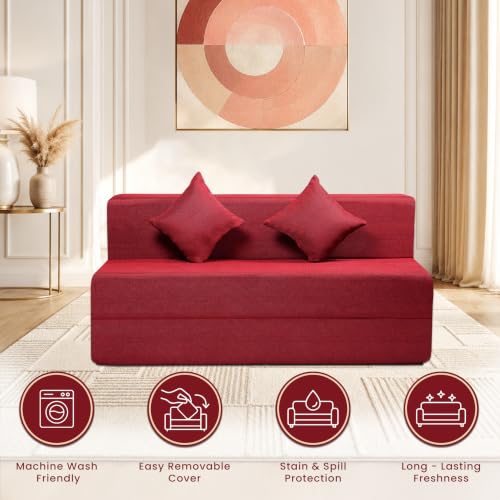Image of Seventh Heaven 3 Seater 5 * 6 Jute Fabric Washable Cover Sofa Cum Bed 3 Seater Double Foam Fold Out Sofa Cum Bed (Finish Color - Maroon Delivery Condition - Pre-Assembled)