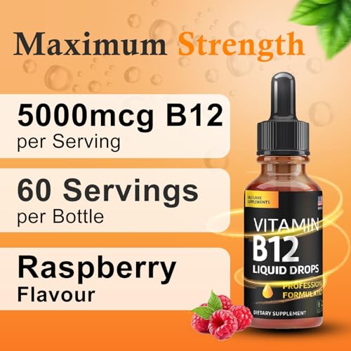 Vitamin B12 Liquid Drops - Vegan B12 vitamins 5000 mcg Methylcobalamin Fast-Acting Sublingual B Complex Liquid Vitamin B2, B3, B6 - Non-GMO, No Dairy, Soy & Sugar, Raspberry Flavor, 2 fl. oz.