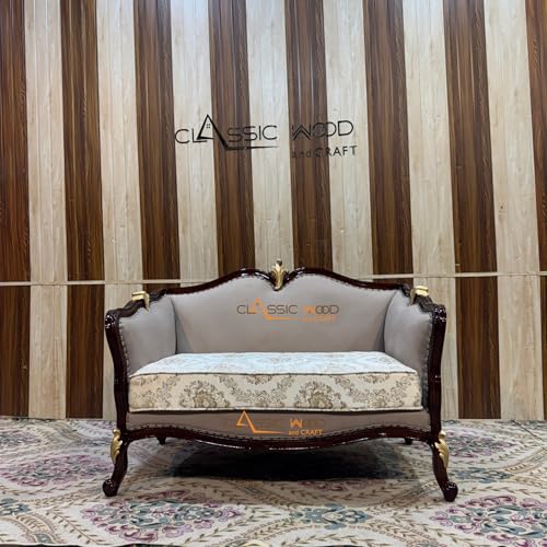 Image of CLASSIC WOOD & CRAFT Luxury 7-Seater Wooden Sofa Set Hand-Carved Teak Wood Sofa with Onex Top Center Table & Side Tables Victorian Style Upholstered Sofa Set Royal Living Room Furniture for Home