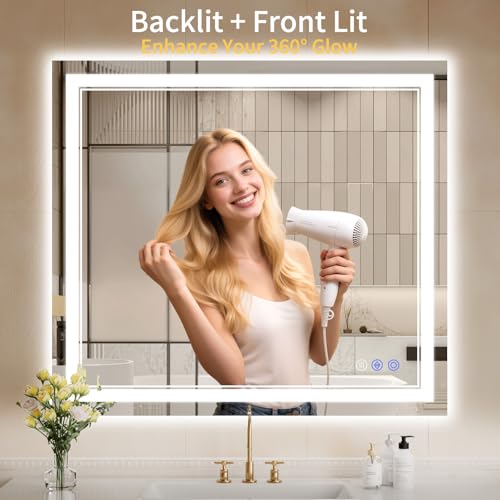 Image of 36 inchx40 inch LED Bathroom Mirror with Lights, Anti-Fog, Backlit + Front Lit, Dimmable, Led Vanity Mirror for Wall, Lighted Bathroom Mirror, 3 Colors, Shatter-Proof Tempered Glass