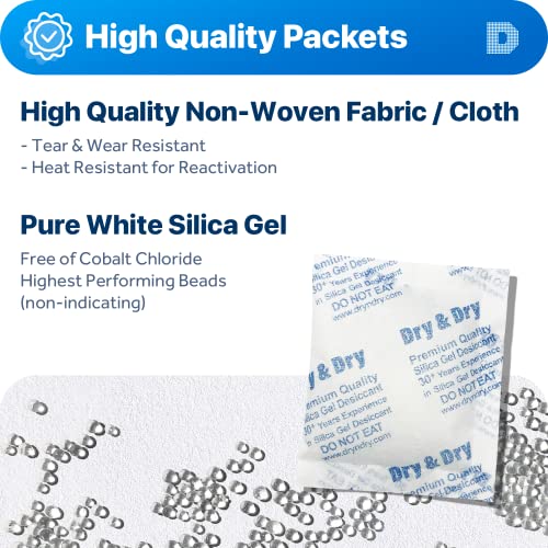 Image of Dry & Dry 50 Gram [100 Packets] Silica Gel Packets Desiccants, Silica Packets - Rechargeable Moisture Absorbers for Food Storage, Electronics, 3D Filament & Safes