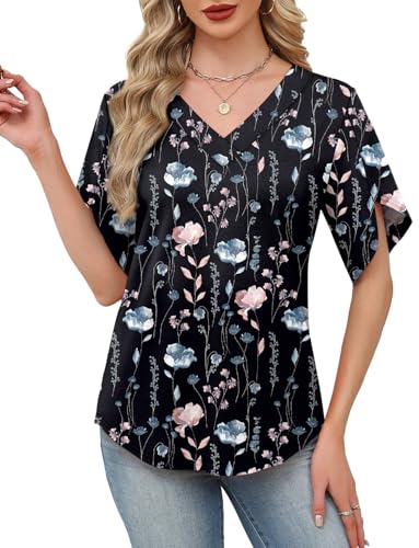 Image of WIHOLL Womens Summer Tops Short Petal Sleeve Shirts Fashion V Neck Womens Clothing