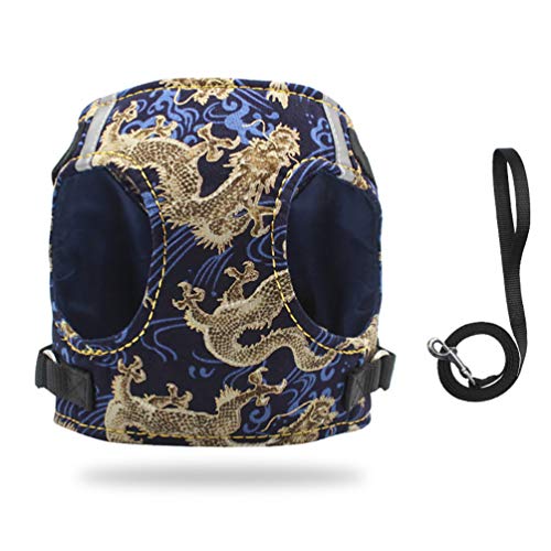 犬 ハーネス 小型犬 リード 抜けない 人気 猫犬用 和風 胴輪 リード セット龍柄 可愛い 一体型 お洒落な ベストハーネス トイプードル 簡単着脱 調節可能 引っ張り防止 咳き込み軽減 散歩 出かけ用 (S(胴周り35CM),マリンブルー龍柄)