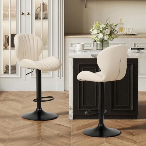 Image of COLAMY Bar Stools Set of 2,Swivel Adjustable Height Leather Bar Chair,Beige