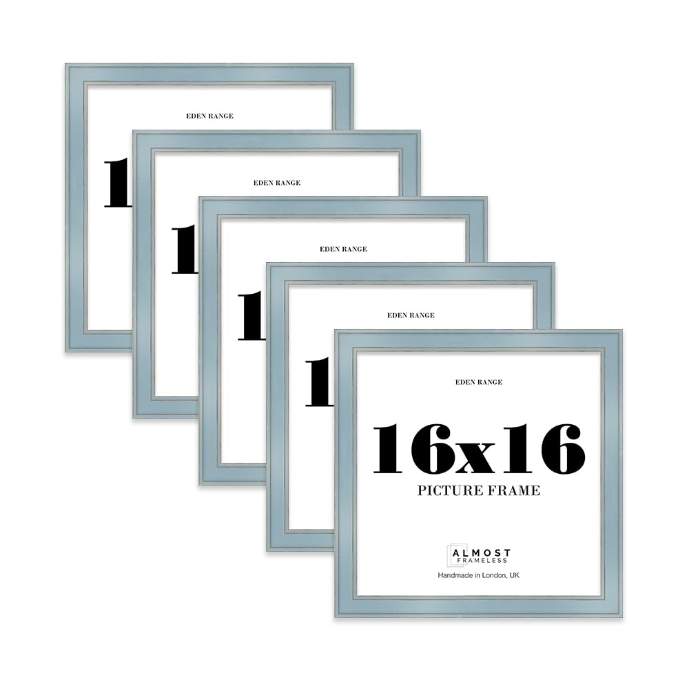 16x16 Cornflower Blue Picture Frame - Shabby Chic Photo Frame with Distressed Finish, Gold Trim, Wall Hooks, 37mm Edge - 5 Pack