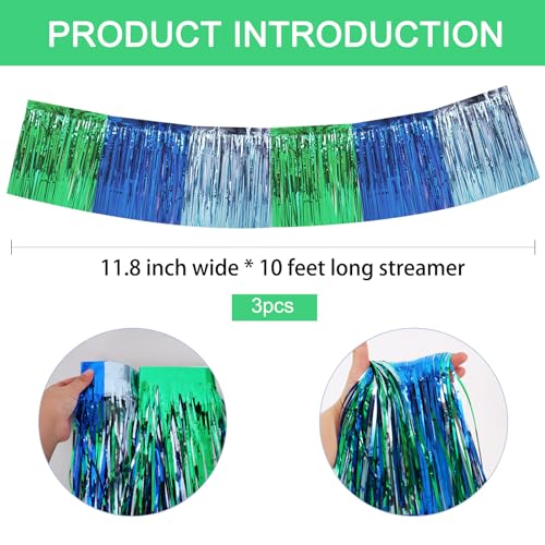 Image of BEISHIDA 3 Packs Metallic Foil Fringe Garland Blue Green Wall Hanging Tinsel Fringe Banners for Car Floats Bridal Shower Wedding Birthday Easter Graduation Holiday Party Decoration(30 Feet)