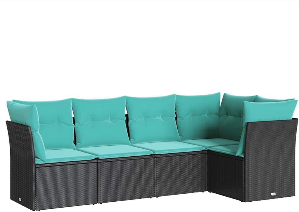 vidaXL Patio Sofa Set with Cushions - 5-Piece Black Poly Rattan Outdoor Furniture for Garden, Patio, Deck - Modular Design, Blue Cushions, Removable Covers