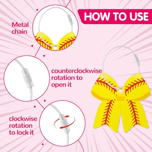 12 PCs Softball Bow Luggage Tags for Suitcases Travel Suitcase Labels with Metal Ring 2.75in Softball Bow Keychain PVC Name Id and DIY Pocket Hug Card for Men Women Travel Bag Suitcase Gift3