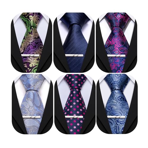 Image of Barry.Wang Mens 6 PCS Ties Silk Striped Paisley Check Floral Necktie Silky Woven Wedding Business Party Ties 3.34 inch